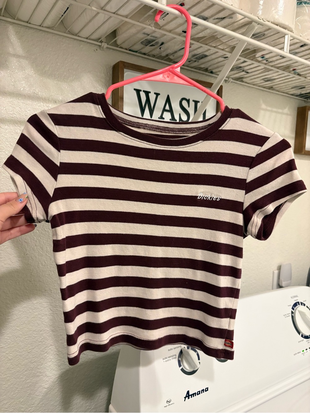 Dickeys Striped Burgundy and Cream Short-Sleeve Crop Top